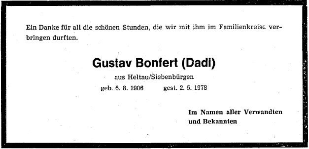 Bonfert Gustav 1906-1978 Todesanzeige